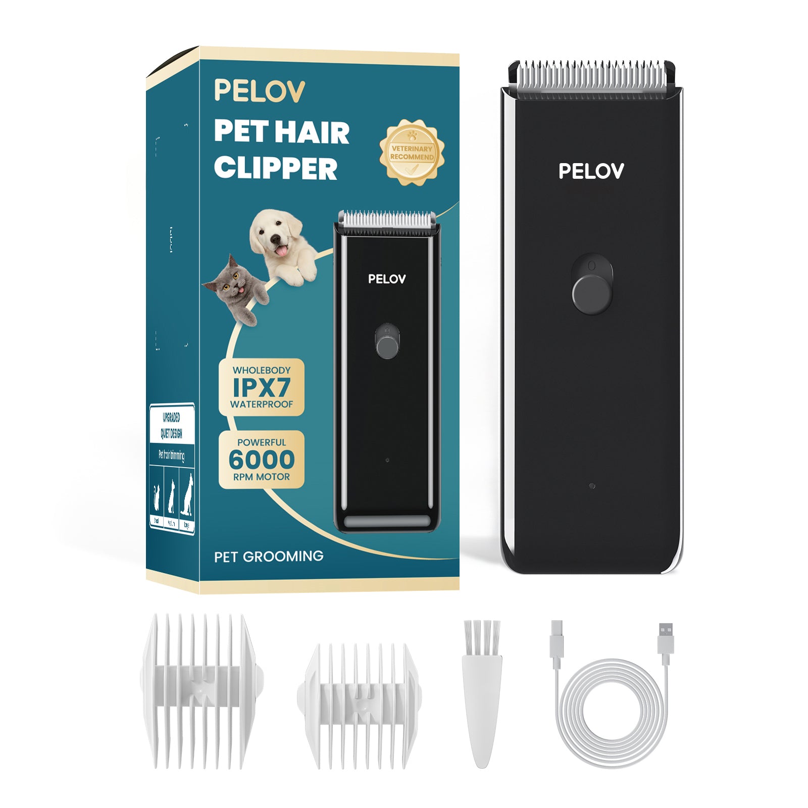 Pelov Pet Hair Clipper – Ceramic Blade, Quiet Low-Noise, IPX7 Waterproof & Compact Design