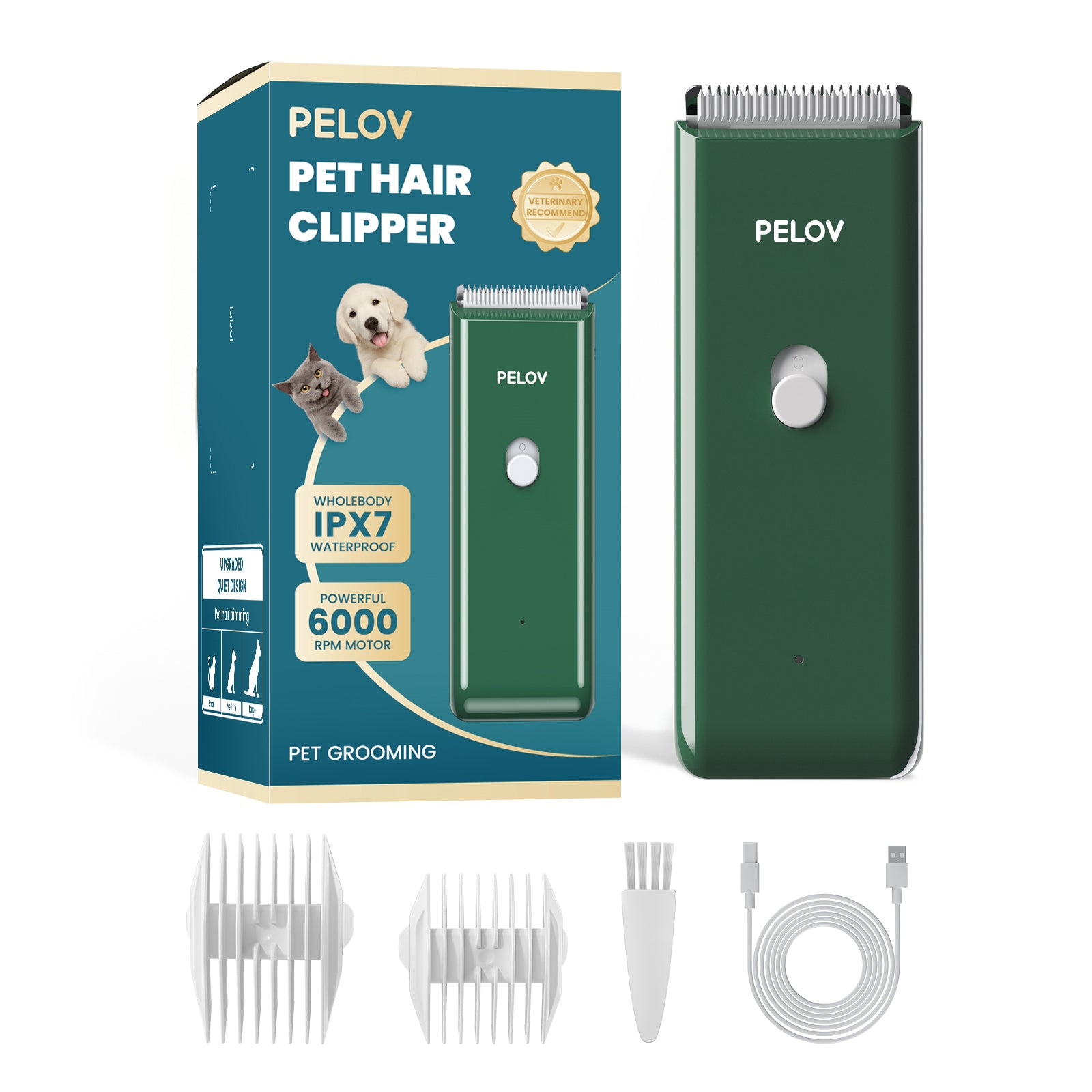 Pelov Pet Hair Clipper – Ceramic Blade, Quiet Low-Noise, IPX7 Waterproof & Compact Design