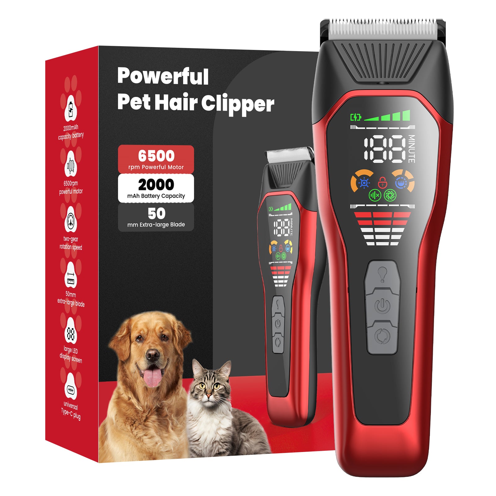 Pelov Pet Grooming Clipper – 50mm Wide Blade, 6500RPM Powerful Motor, 2-Speed Adjustable for Thick & Long Fur