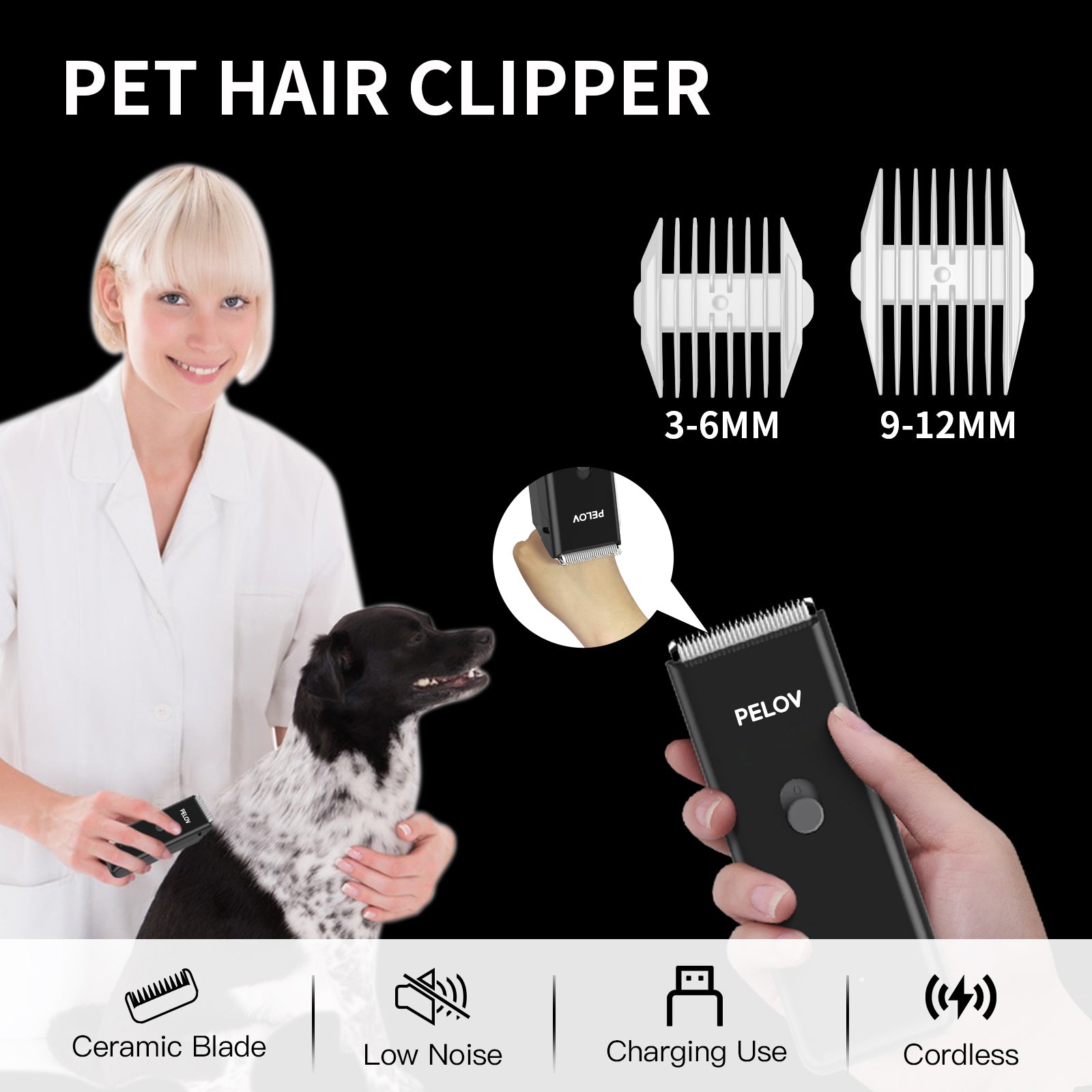 Pelov Pet Hair Clipper – Ceramic Blade, Quiet Low-Noise, IPX7 Waterproof & Compact Design