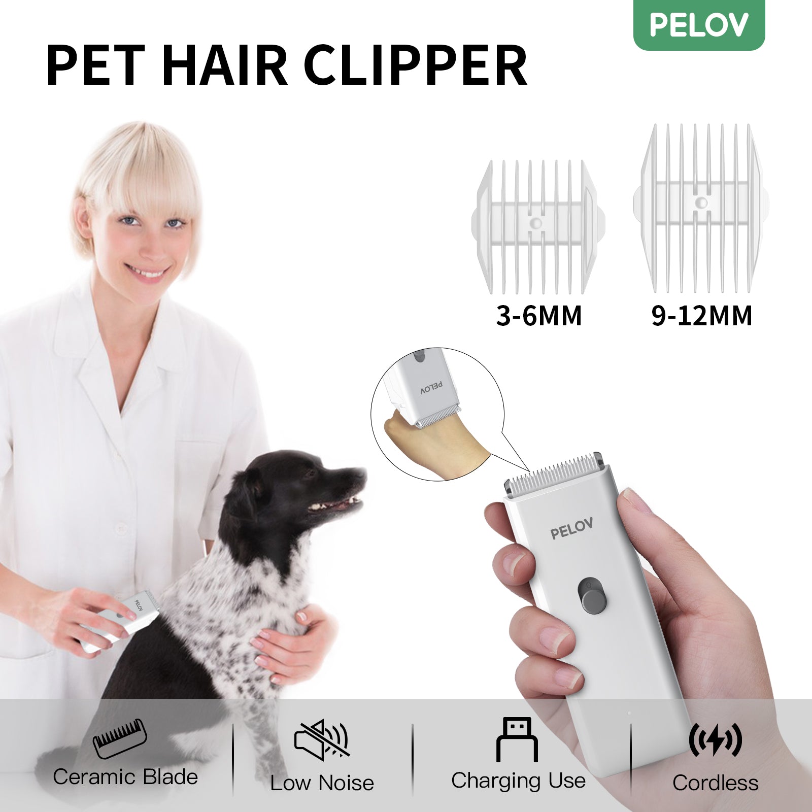 Pelov Pet Hair Clipper – Ceramic Blade, Quiet Low-Noise, IPX7 Waterproof & Compact Design