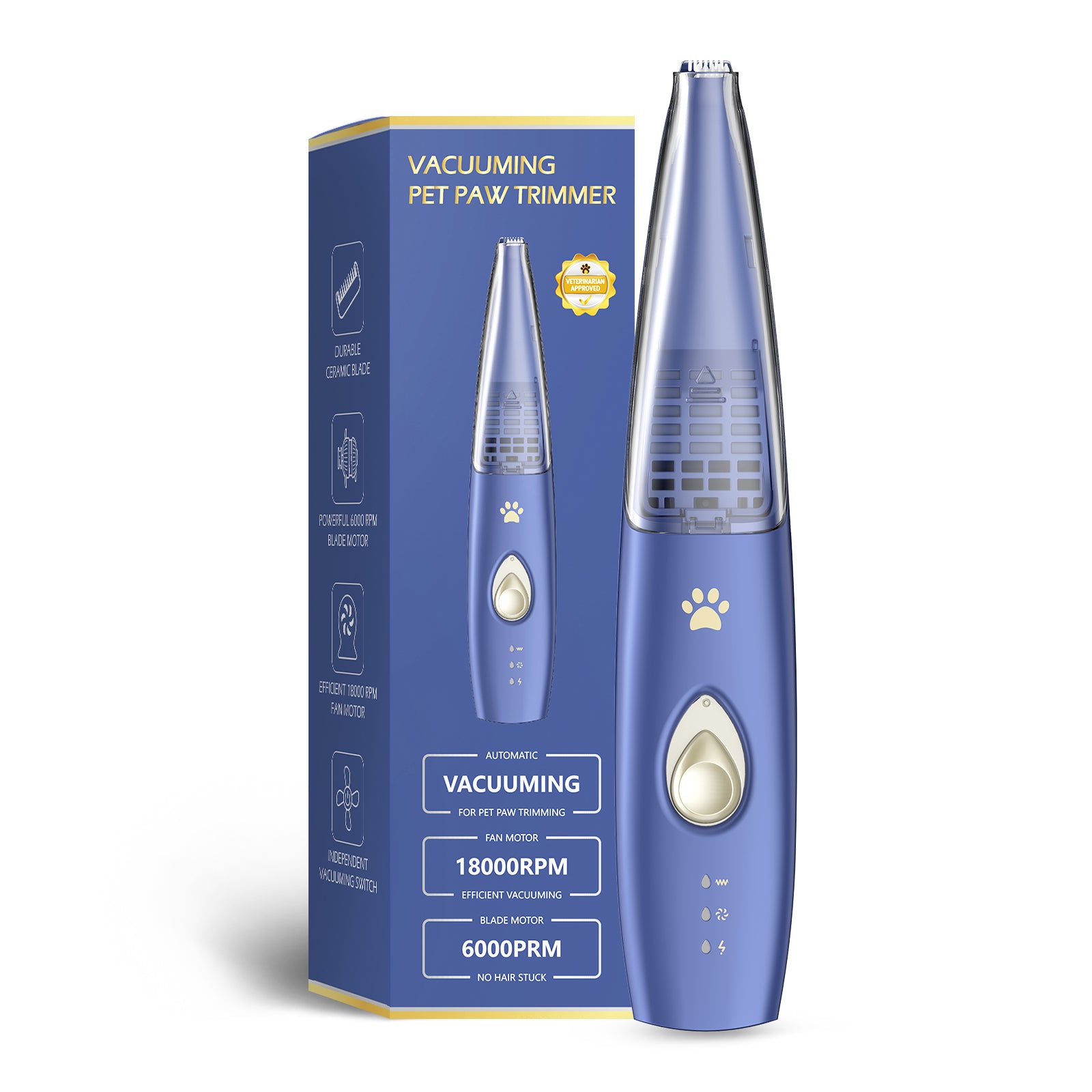 Pelov Auto-Vacuum Pet Paw Trimmer – Quiet Ceramic Blade with Removable Hair Collection Chamber