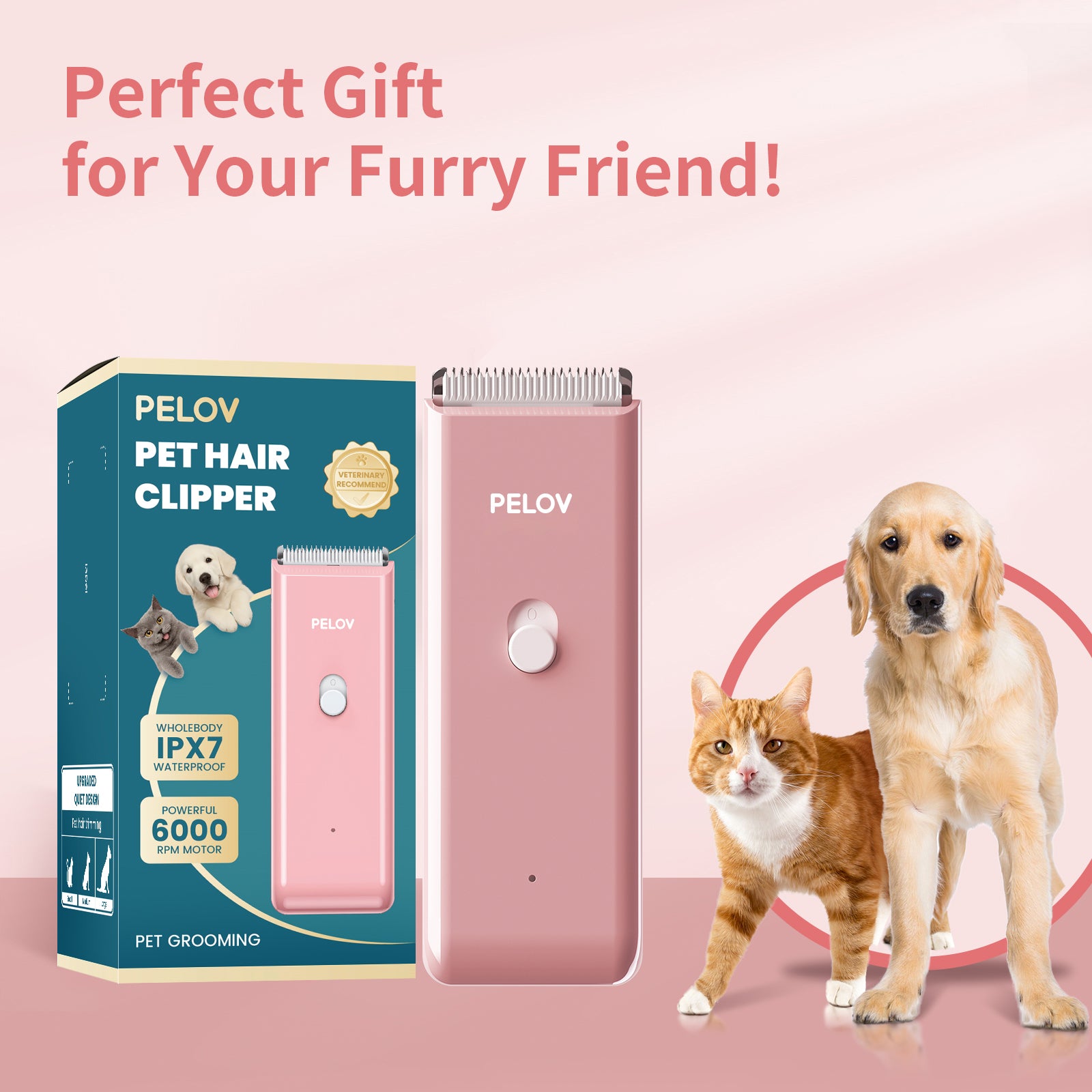 Pelov Pet Hair Clipper – Ceramic Blade, Quiet Low-Noise, IPX7 Waterproof & Compact Design