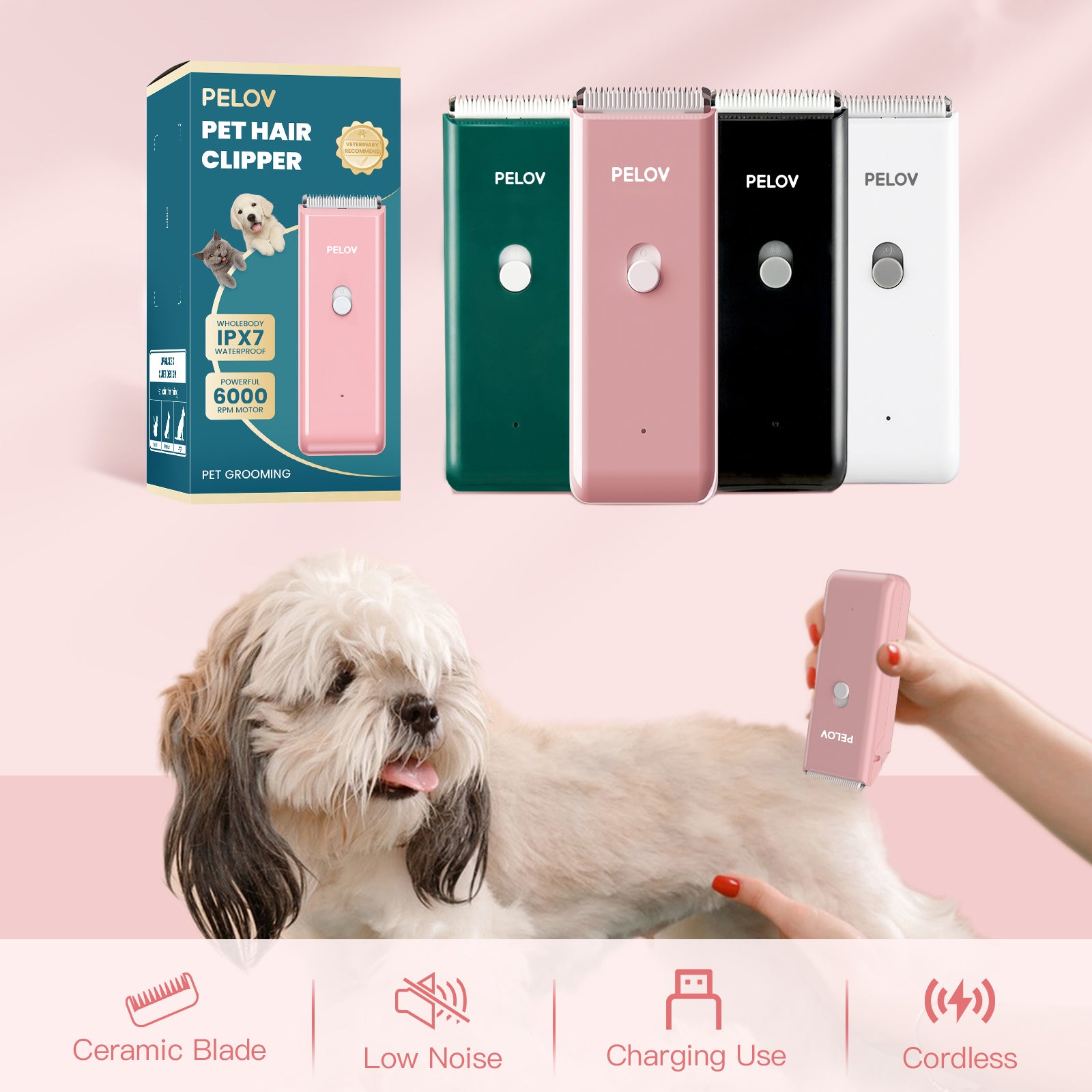 Pelov Pet Hair Clipper – Ceramic Blade, Quiet Low-Noise, IPX7 Waterproof & Compact Design